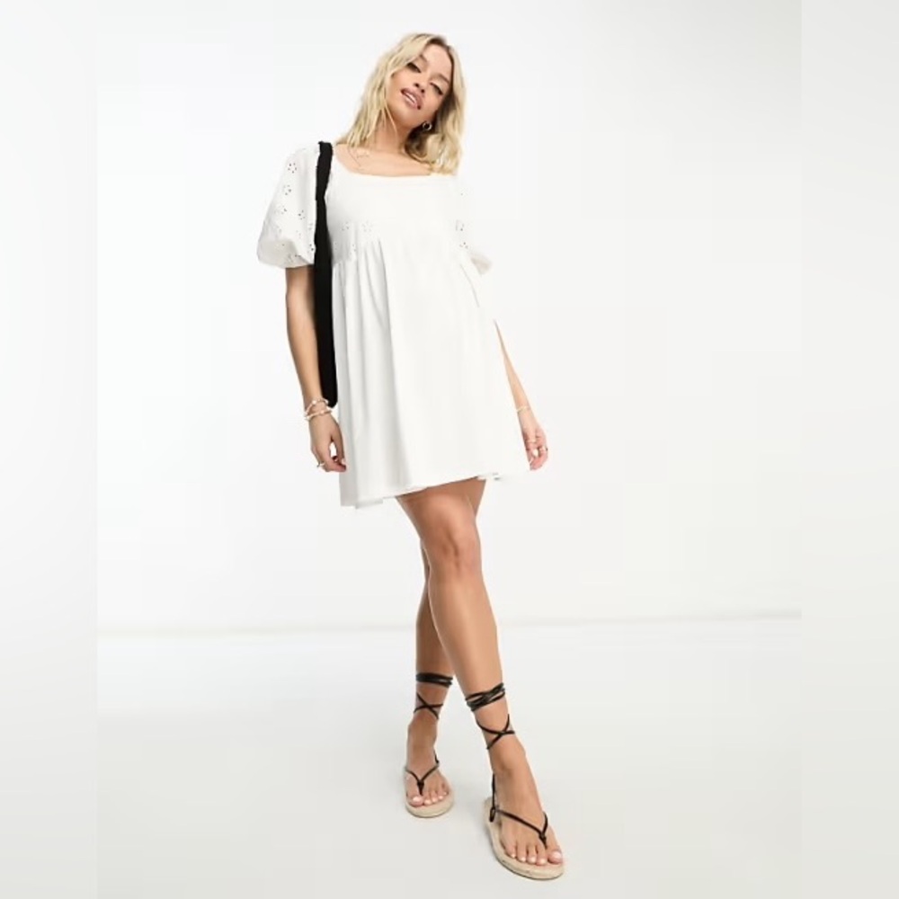 NWT ASOS DESIGN broderie mini smock dress with curve seam in white | ASOS